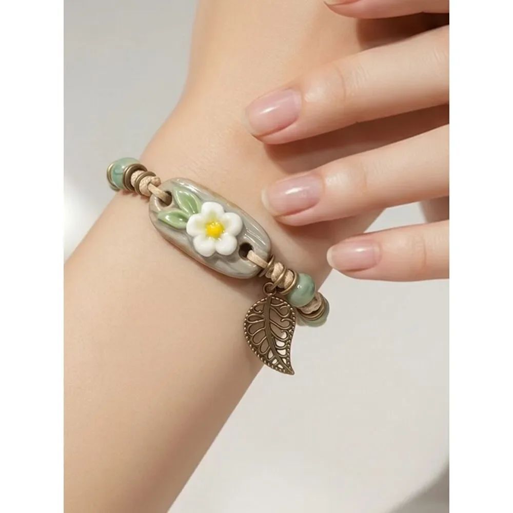 Bohemian Daisy Ceramic Rope Bracelet Leaf Charm | Naturecore Floral Cord Jewelry